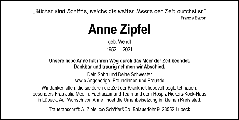  Traueranzeige für Anne Zipfel vom 22.08.2021 aus Lübecker Nachrichten