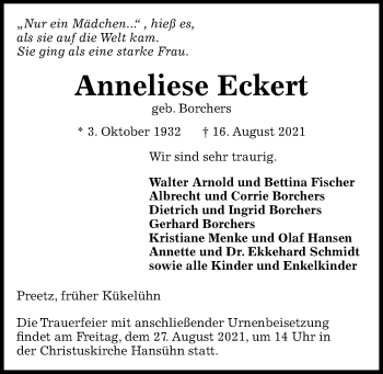 Traueranzeige von Anneliese Eckert von Kieler Nachrichten