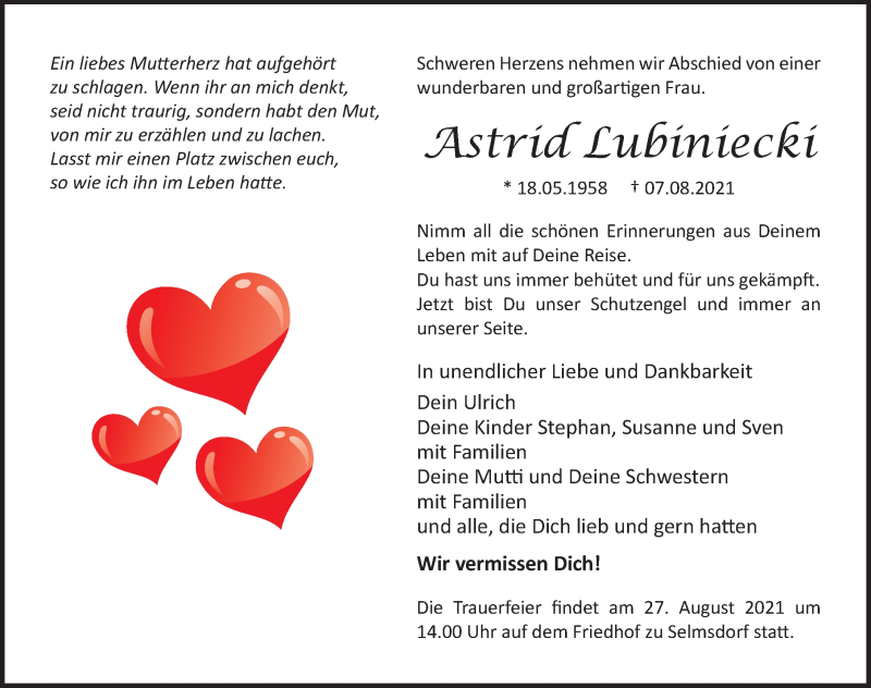  Traueranzeige für Astrid Lubiniecki vom 21.08.2021 aus Ostsee-Zeitung GmbH