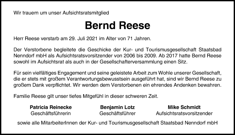  Traueranzeige für Bernd Reese vom 07.08.2021 aus Schaumburger Nachrichten
