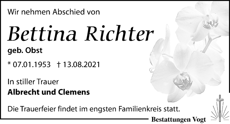  Traueranzeige für Bettina Richter vom 28.08.2021 aus Leipziger Volkszeitung