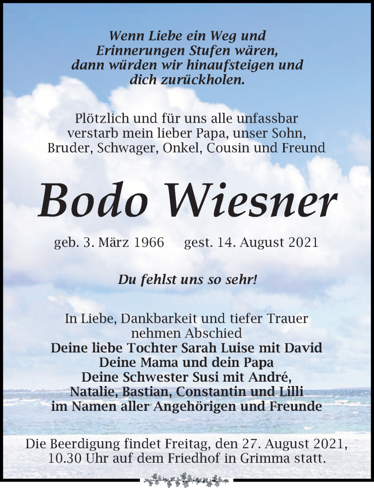 Traueranzeige für Bodo Wiesner vom 21.08.2021 aus Leipziger Volkszeitung
