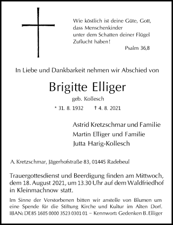 Traueranzeige von Brigitte Elliger von Märkischen Allgemeine Zeitung