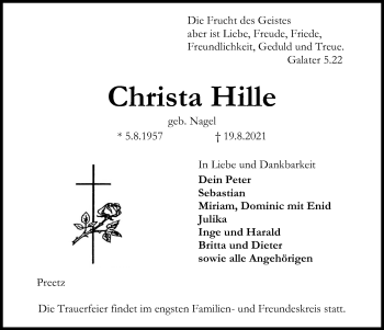 Traueranzeige von Christa Hille von Kieler Nachrichten