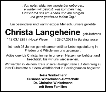 Traueranzeige von Christa Langeheine von Hannoversche Allgemeine Zeitung/Neue Presse