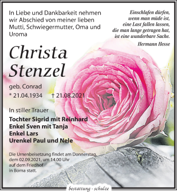 Traueranzeige von Christa Stenzel von Leipziger Volkszeitung