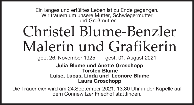  Traueranzeige für Christel Blume-Benzler vom 05.08.2021 aus Leipziger Volkszeitung