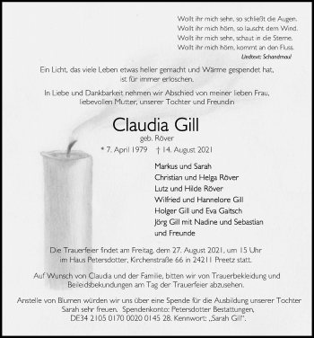 Traueranzeige von Claudia Gill von Kieler Nachrichten