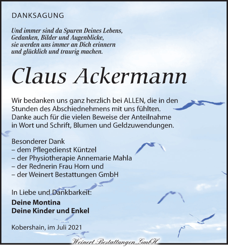  Traueranzeige für Claus Ackermann vom 07.08.2021 aus Torgauer Zeitung