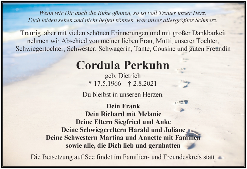  Traueranzeige für Cordula Perkuhn vom 07.08.2021 aus Ostsee-Zeitung GmbH