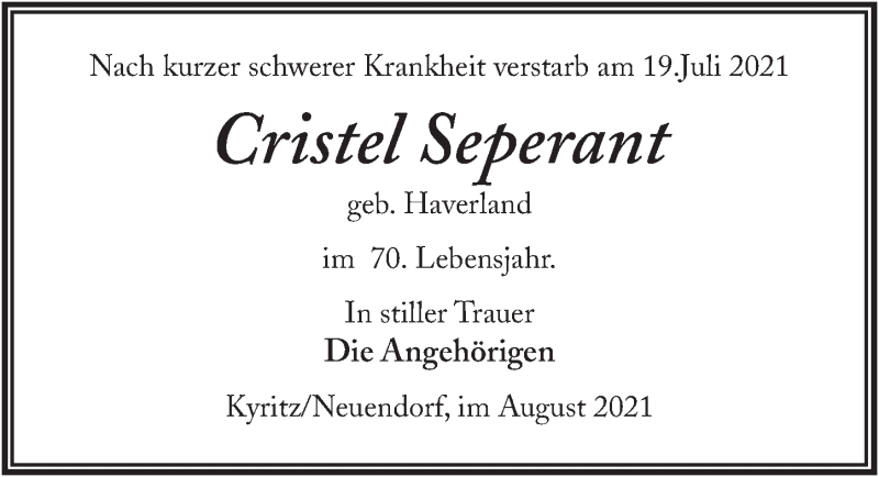 Traueranzeige für Cristel Seperant vom 28.08.2021 aus Märkischen Allgemeine Zeitung