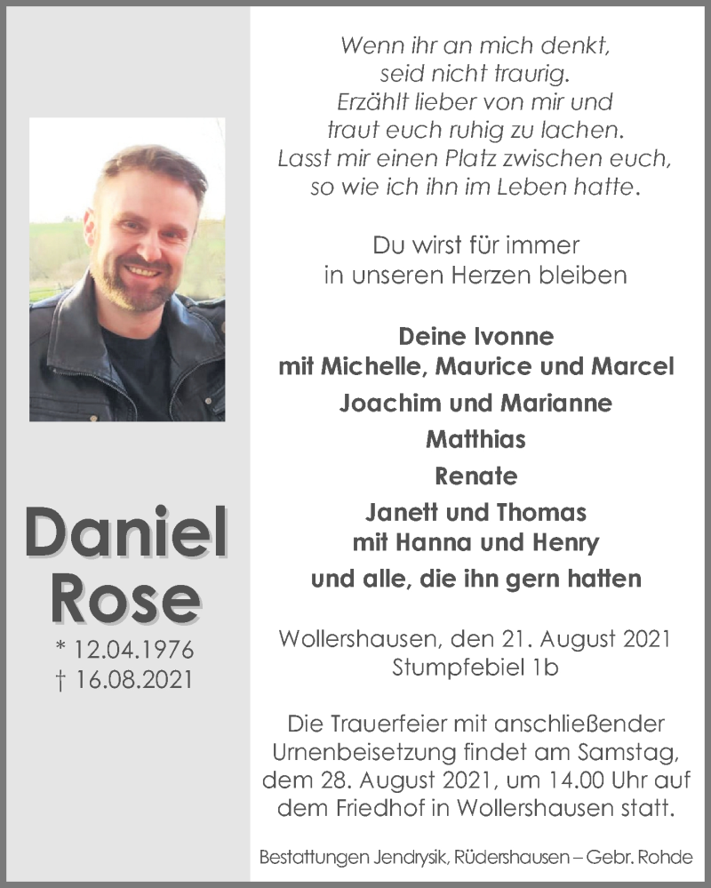  Traueranzeige für Daniel Rose vom 21.08.2021 aus Göttinger Tageblatt