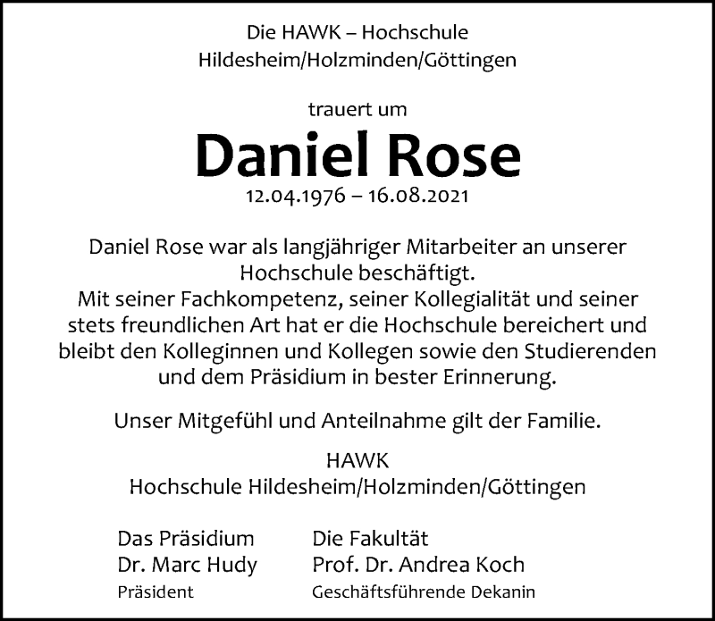  Traueranzeige für Daniel Rose vom 28.08.2021 aus Göttinger Tageblatt