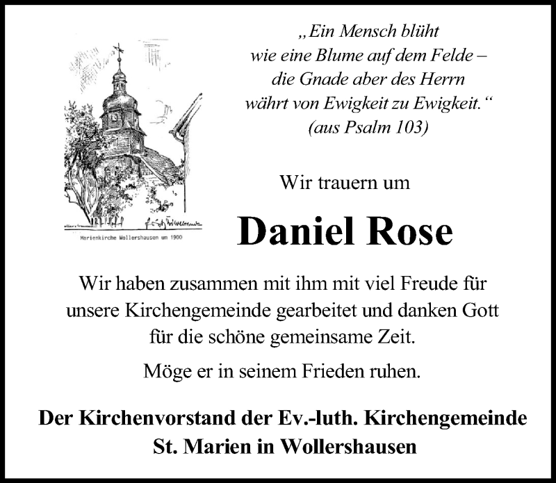  Traueranzeige für Daniel Rose vom 28.08.2021 aus Eichsfelder Tageblatt