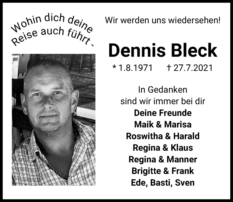  Traueranzeige für Dennis Bleck vom 07.08.2021 aus Kieler Nachrichten