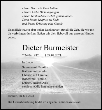 Traueranzeige von Dieter Burmeister von Ostsee-Zeitung GmbH