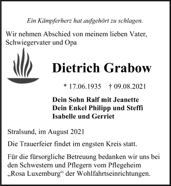 Traueranzeige von Dietrich Grabow von Ostsee-Zeitung GmbH