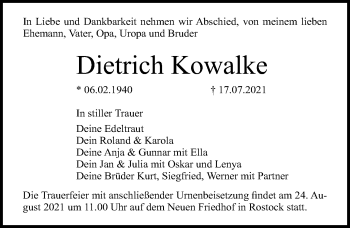 Traueranzeige von Dietrich Kowalke von Ostsee-Zeitung GmbH