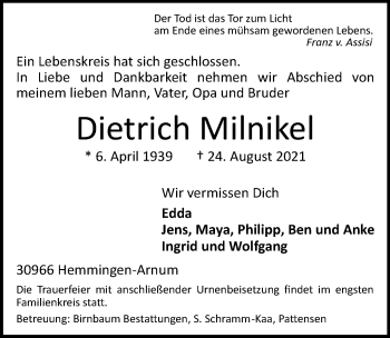 Traueranzeige von Dietrich Milnikel von Hannoversche Allgemeine Zeitung/Neue Presse