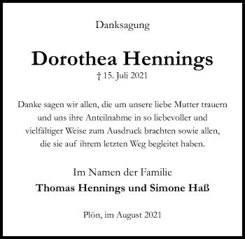 Traueranzeige von Dorothea Hennings von Kieler Nachrichten