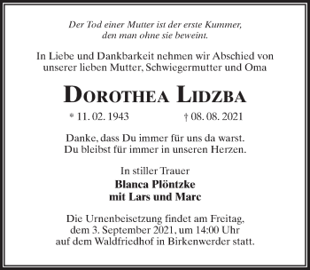 Traueranzeige von Dorothea Lidzba von Märkischen Allgemeine Zeitung
