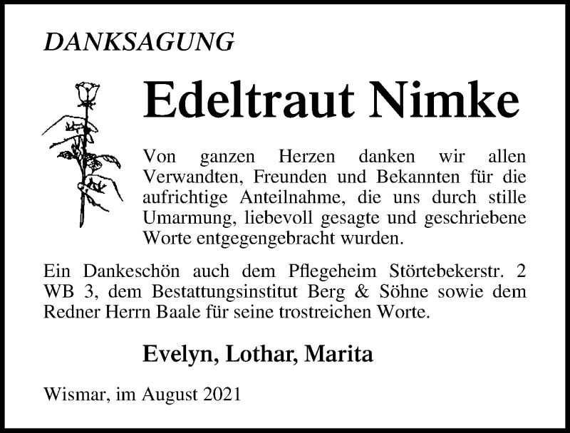  Traueranzeige für Edeltraut Nimke vom 21.08.2021 aus Ostsee-Zeitung GmbH