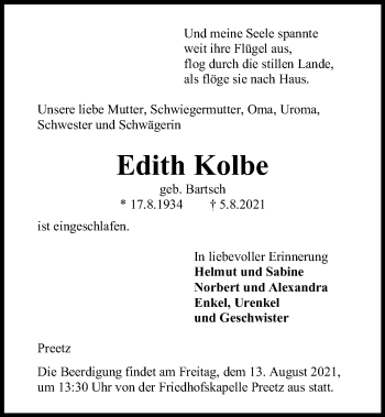 Traueranzeige von Edith Kolbe von Kieler Nachrichten