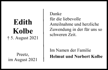 Traueranzeige von Edith Kolbe von Kieler Nachrichten