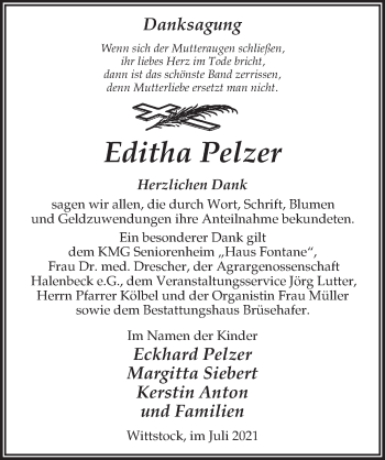 Traueranzeige von Editha Pelzer von Märkischen Allgemeine Zeitung