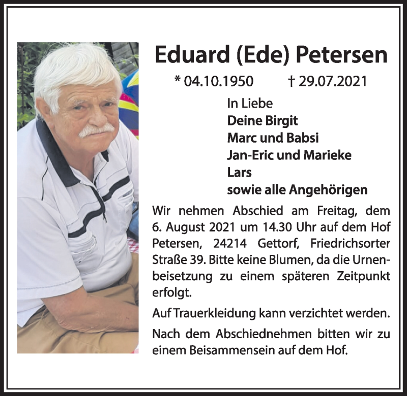  Traueranzeige für Eduard Petersen vom 04.08.2021 aus Kieler Nachrichten