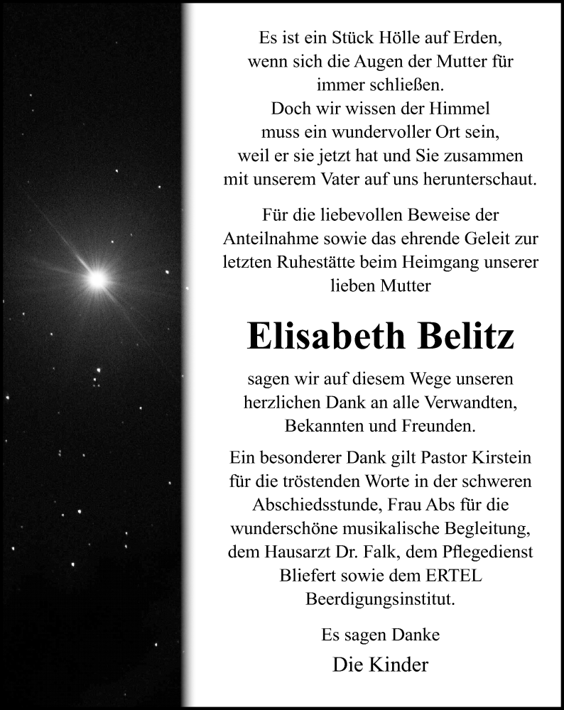  Traueranzeige für Elisabeth Belitz vom 28.08.2021 aus Ostsee-Zeitung GmbH