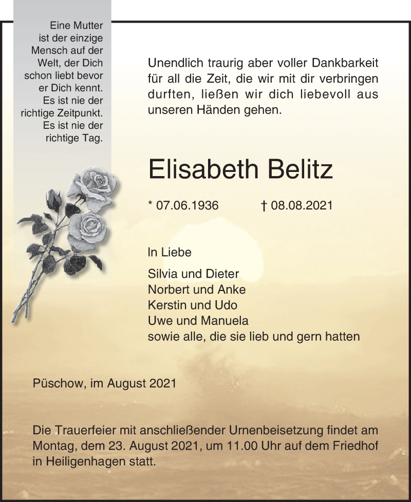  Traueranzeige für Elisabeth Belitz vom 14.08.2021 aus Ostsee-Zeitung GmbH