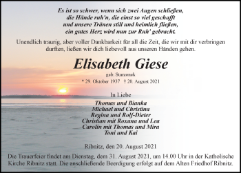 Traueranzeige von Elisabeth Giese von Ostsee-Zeitung GmbH