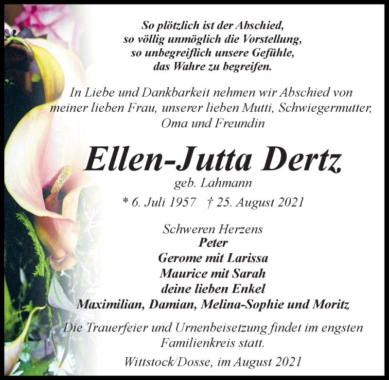  Traueranzeige für Ellen-Jutta Dertz vom 28.08.2021 aus Märkischen Allgemeine Zeitung