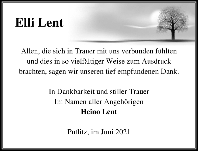  Traueranzeige für Elli Lent vom 07.08.2021 aus Märkischen Allgemeine Zeitung