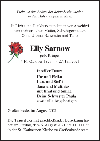 Traueranzeige von Elly Sarnow von Lübecker Nachrichten
