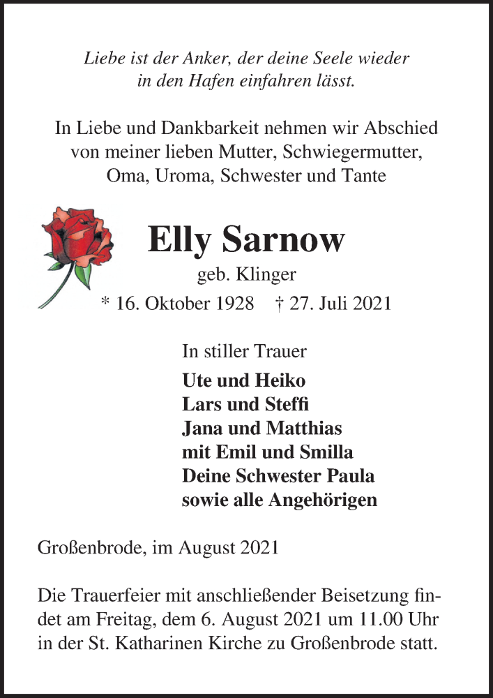  Traueranzeige für Elly Sarnow vom 03.08.2021 aus Lübecker Nachrichten