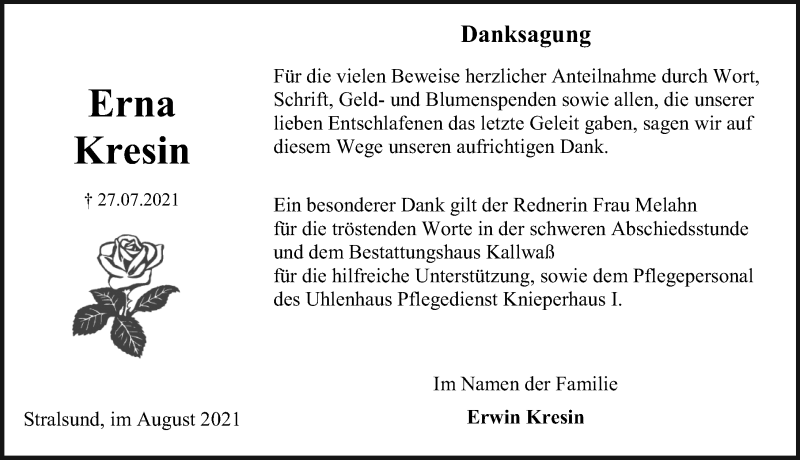  Traueranzeige für Erna Kresin vom 28.08.2021 aus Ostsee-Zeitung GmbH