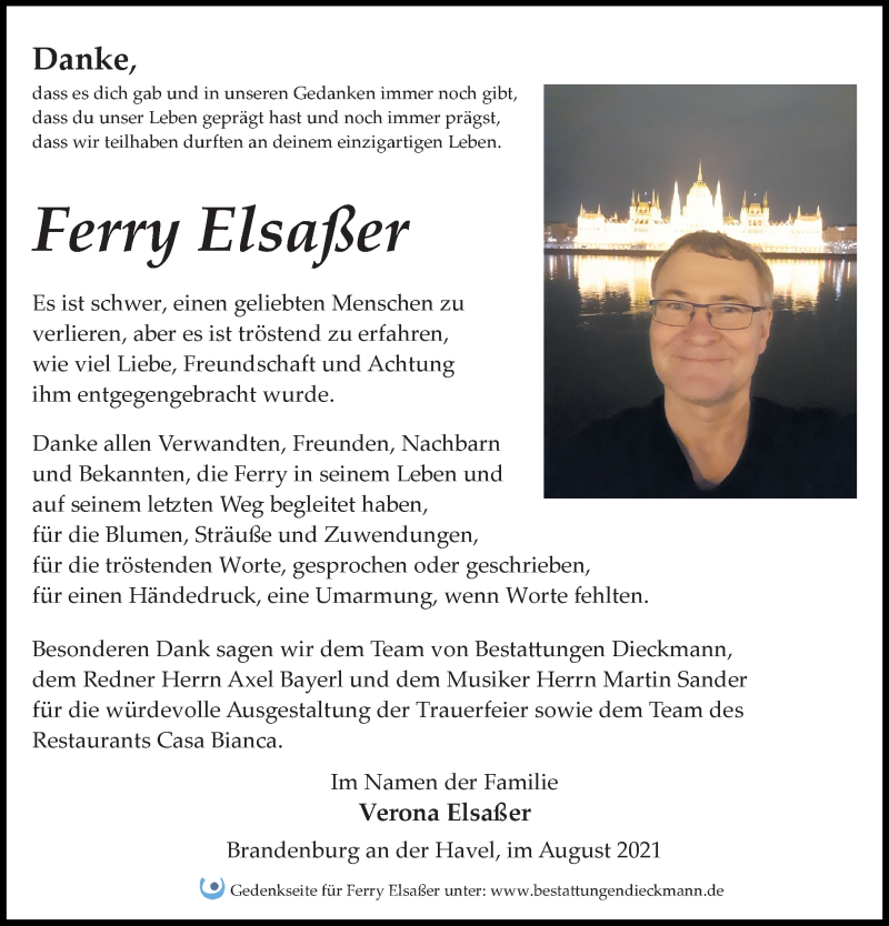  Traueranzeige für Ferry Elsaßer vom 07.08.2021 aus Märkischen Allgemeine Zeitung