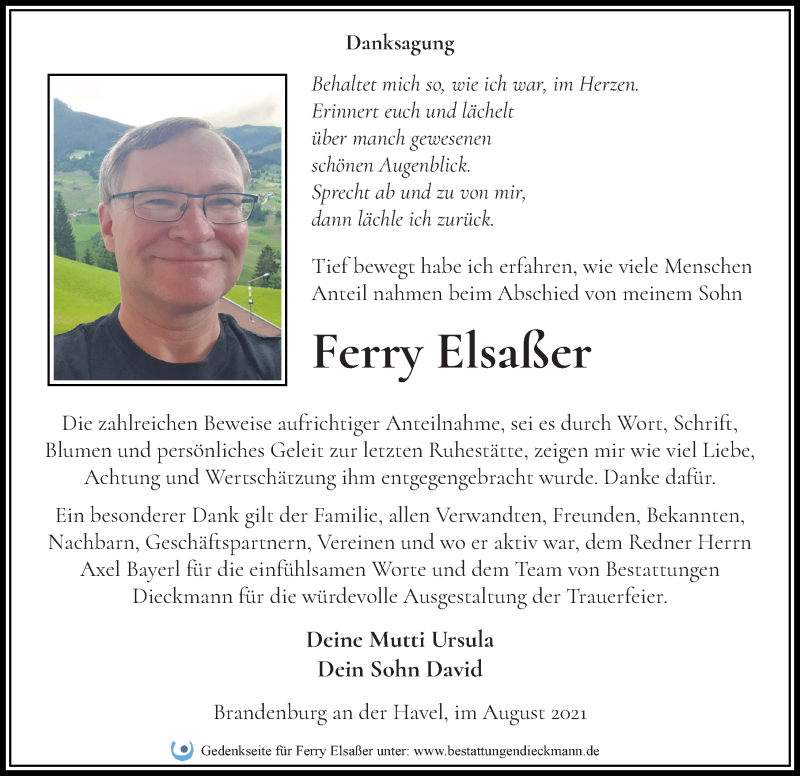  Traueranzeige für Ferry Elsaßer vom 07.08.2021 aus Märkischen Allgemeine Zeitung
