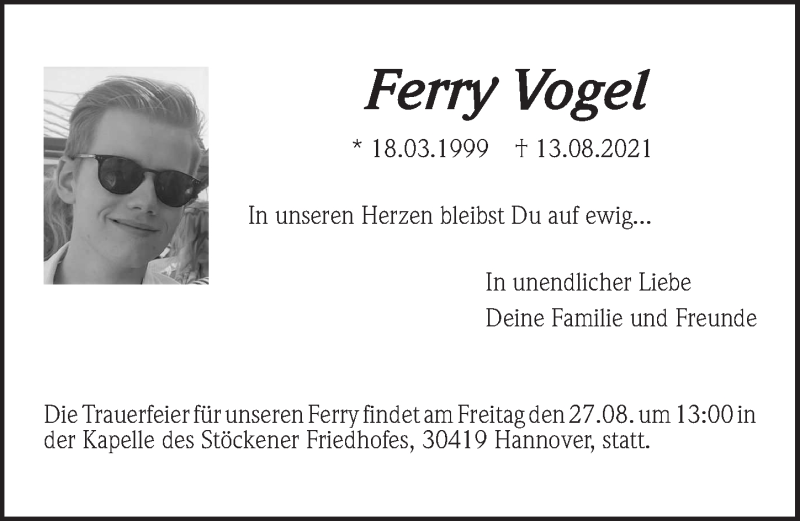  Traueranzeige für Ferry Vogel vom 25.08.2021 aus Hannoversche Allgemeine Zeitung/Neue Presse
