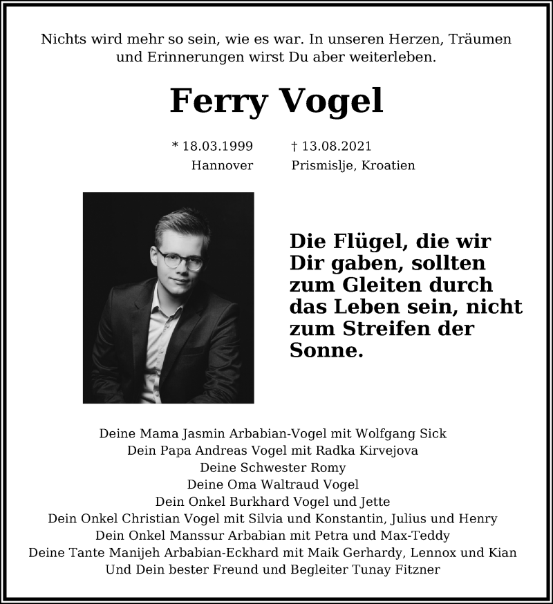 Traueranzeige für Ferry Vogel vom 21.08.2021 aus Hannoversche Allgemeine Zeitung/Neue Presse