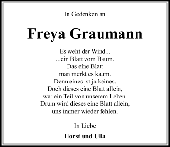 Traueranzeige von Freya Graumann von Kieler Nachrichten