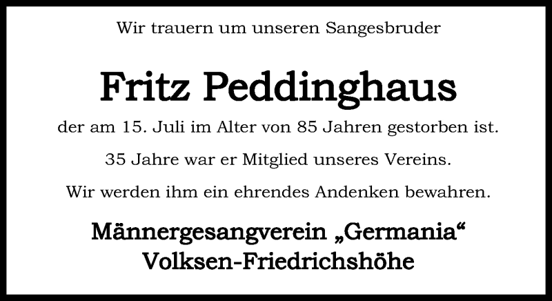  Traueranzeige für Fritz Peddinghaus vom 07.08.2021 aus Schaumburger Nachrichten