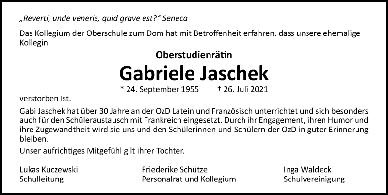  Traueranzeige für Gabriele Jaschek vom 08.08.2021 aus Lübecker Nachrichten