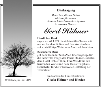 Traueranzeige von Gerd Hähner von Märkischen Allgemeine Zeitung