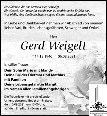 Traueranzeige von Gerd Weigelt von Leipziger Volkszeitung