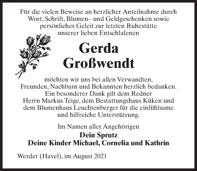  Traueranzeige für Gerda Großwendt vom 21.08.2021 aus Märkischen Allgemeine Zeitung