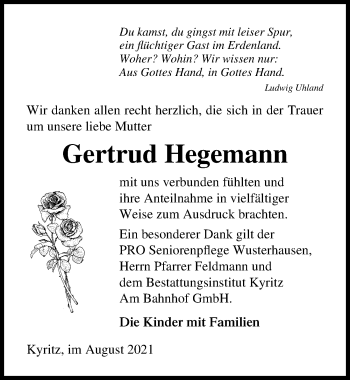 Traueranzeige von Gertrud Hegemann von Märkischen Allgemeine Zeitung