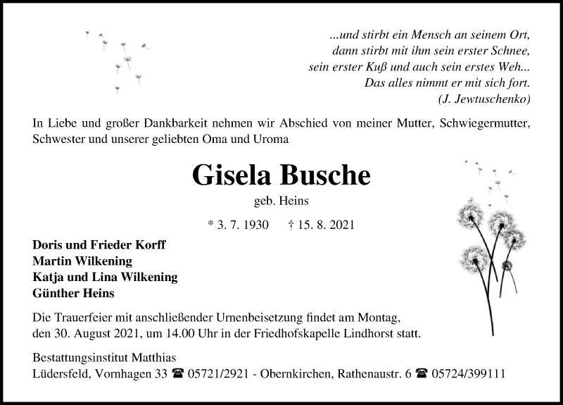  Traueranzeige für Gisela Busche vom 19.08.2021 aus Schaumburger Nachrichten